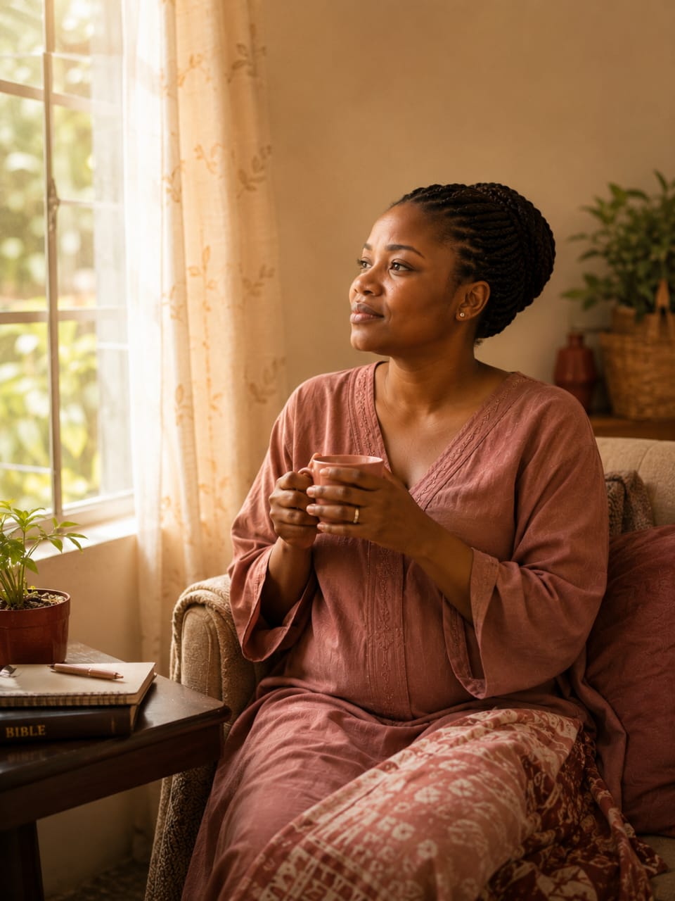 Woman sitting quietly, dignified and reflective