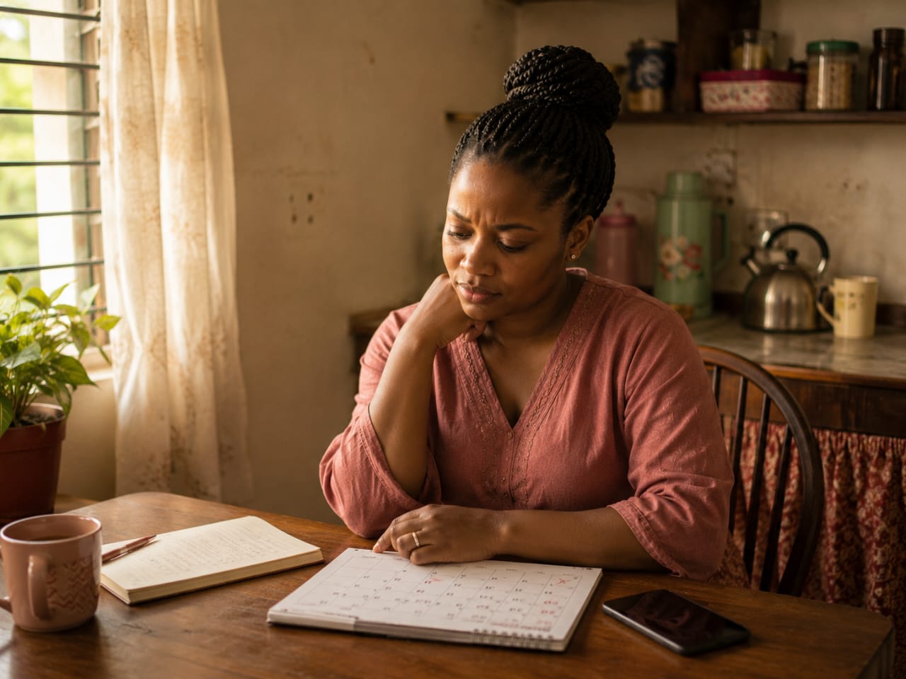Woman sitting quietly, reflective expression