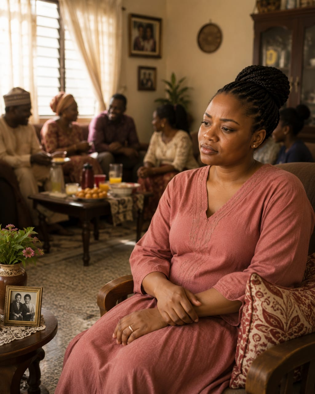 Nigerian woman sitting quietly, calm and hopeful